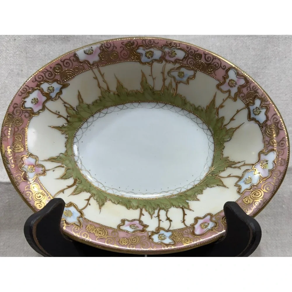 Antique Art Nouveau Hand Painted Floral Porcelain Oval Bowl Gold Moriage 1900s